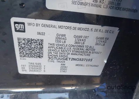 2022 GMC Sierra 1500 4Wd Short Box Denali из США, поврежденный, VIN 3GTUUGET2NG537103